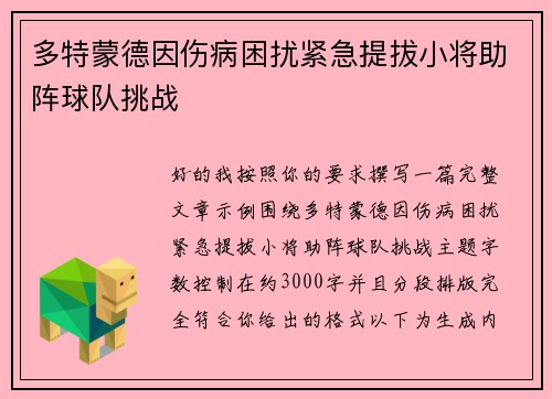 多特蒙德因伤病困扰紧急提拔小将助阵球队挑战